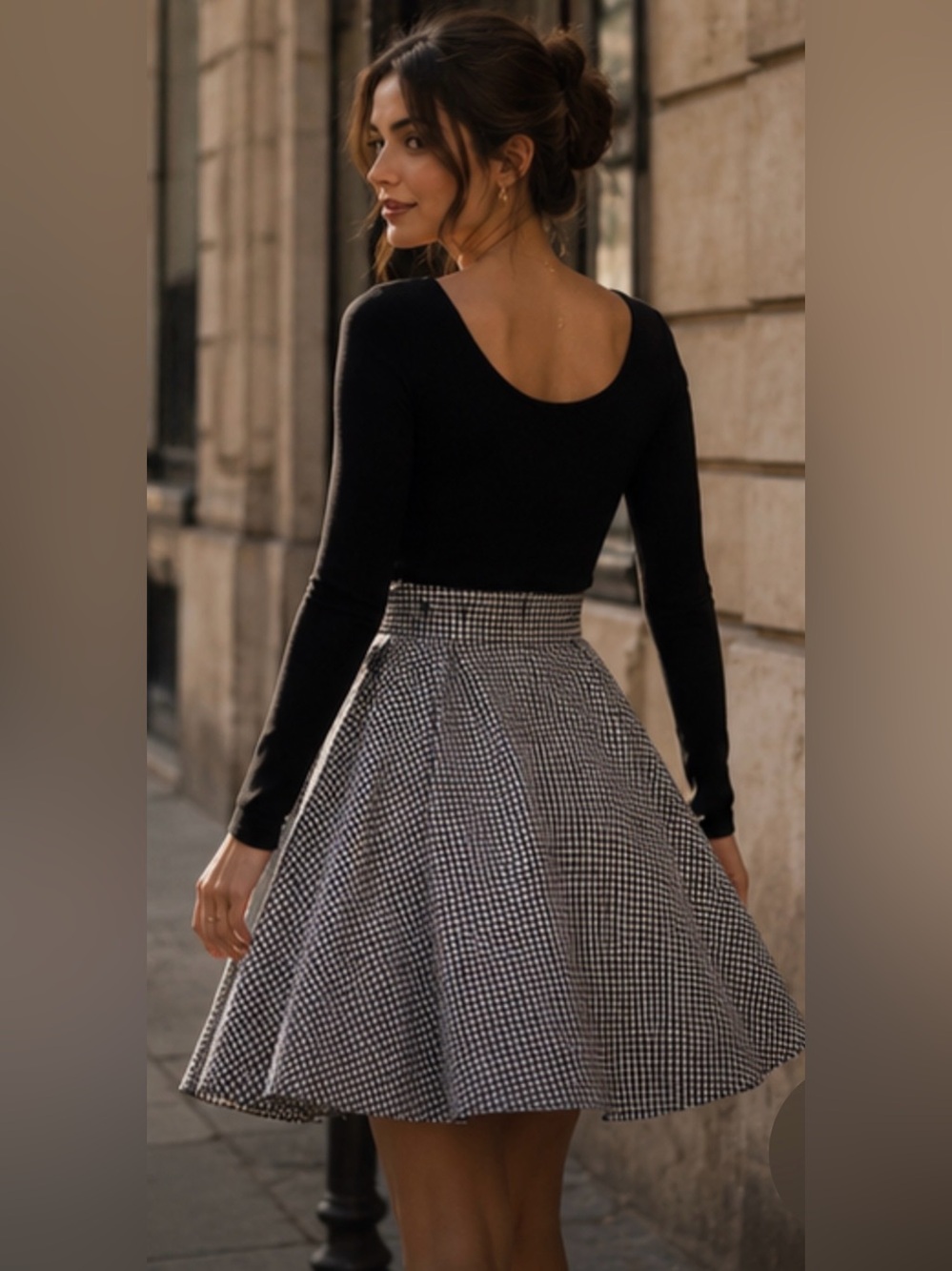 High-Waist Black & White Gingham A-Line Skirt